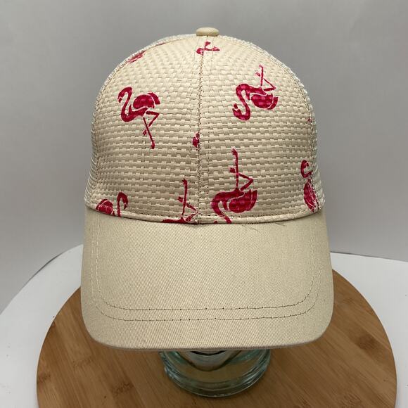 Straw Snapback Mesh Trucker Hat Pink Flamingo Print - Picture 1 of 6